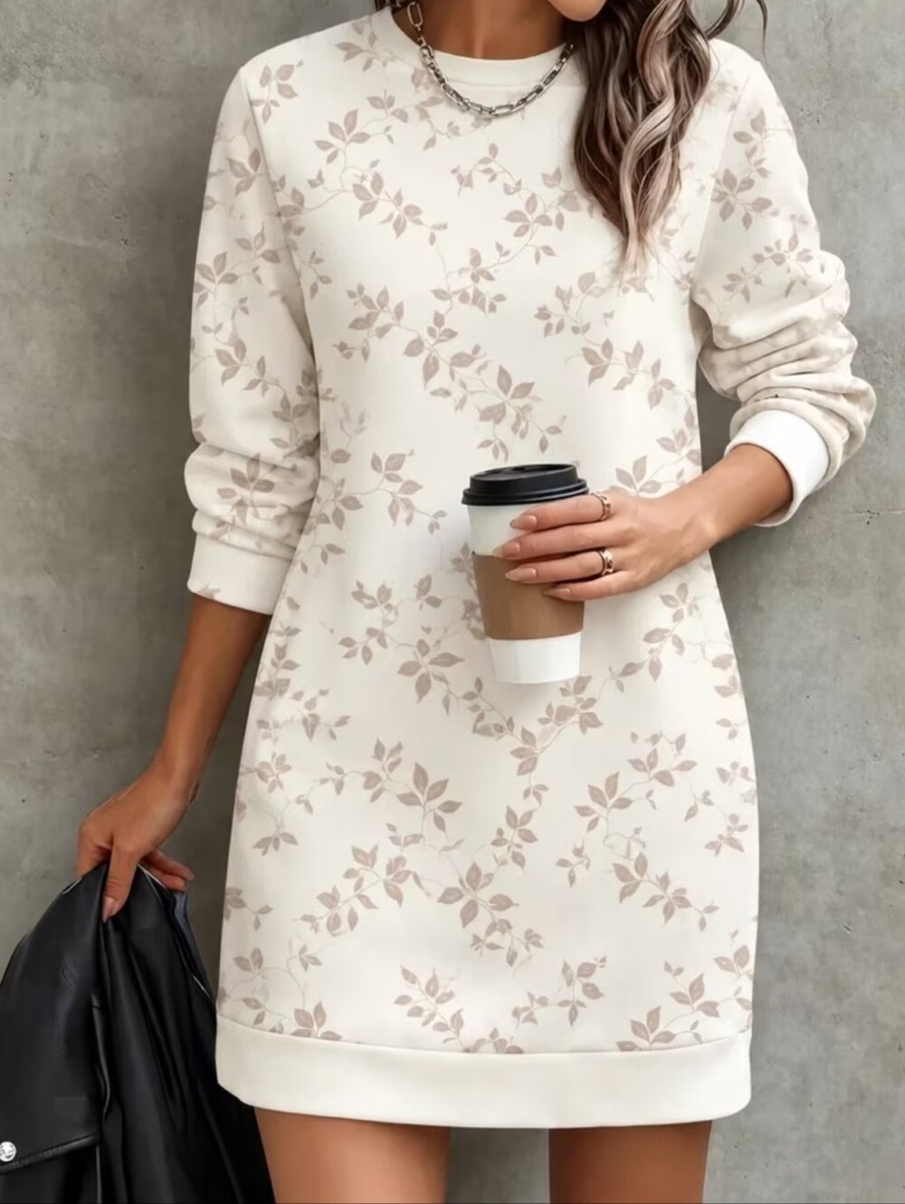 Cream Floral Long-Sleeve Shift Dress